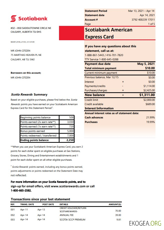 Relevé bancaire de la Banque Scotia au Canada (somme automatique)